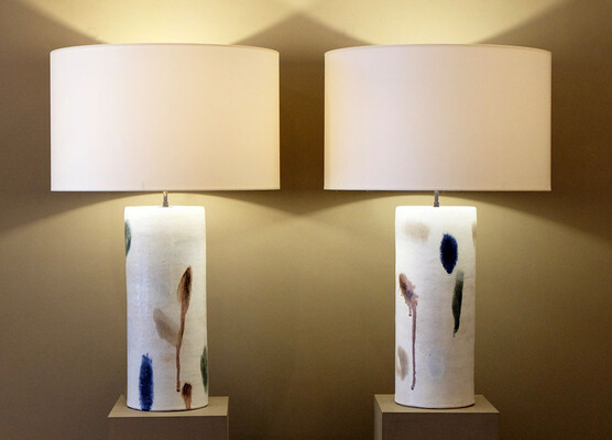 amazing pair of tubular Bruno Gambone ceramic table lamps