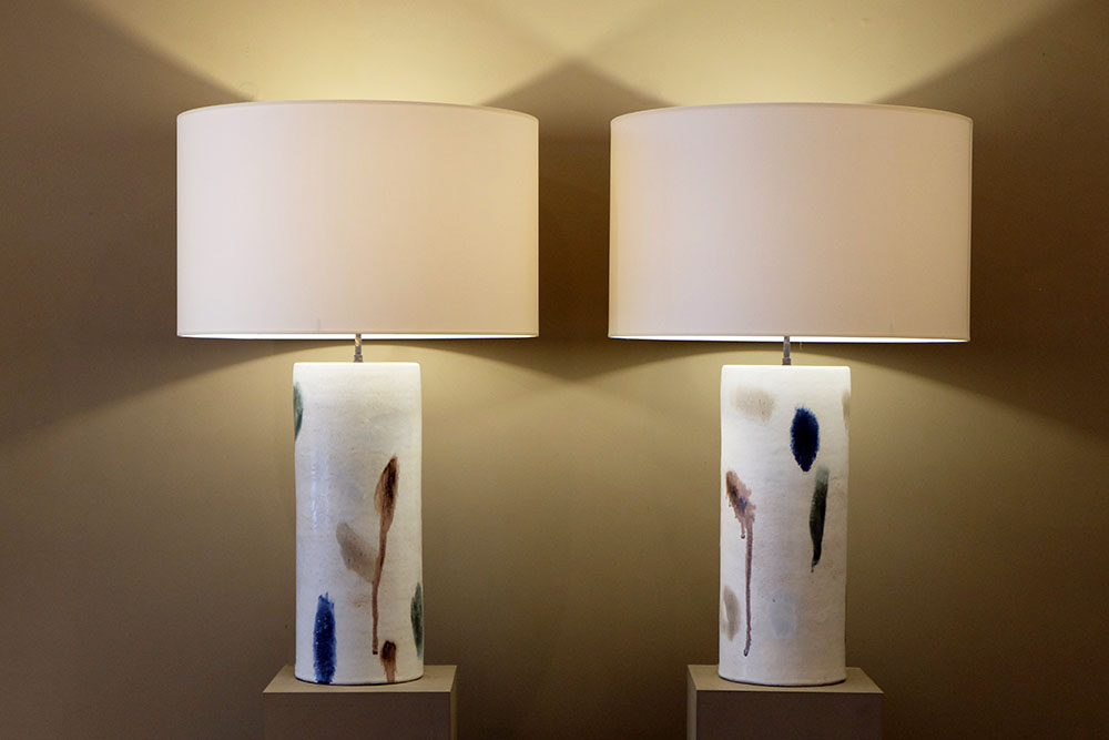 amazing pair of tubular Bruno Gambone ceramic table lamps