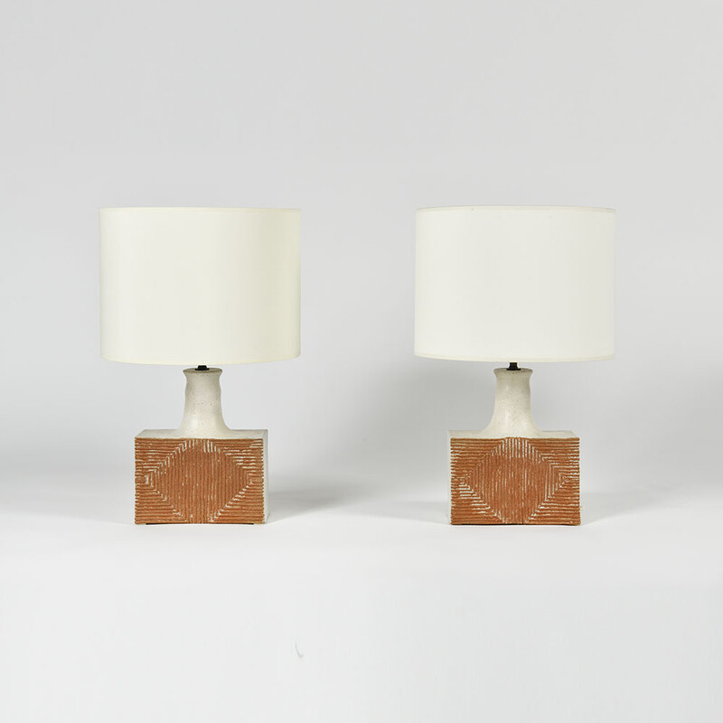 rare pair of sandstone and white enameled ceramic Bruno Gambone