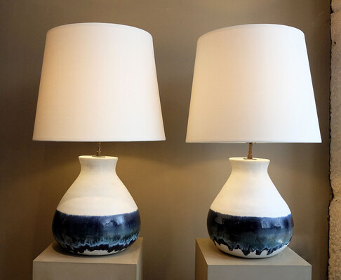 white ceramic table lamps Bruno Gambone pair blue enameled
