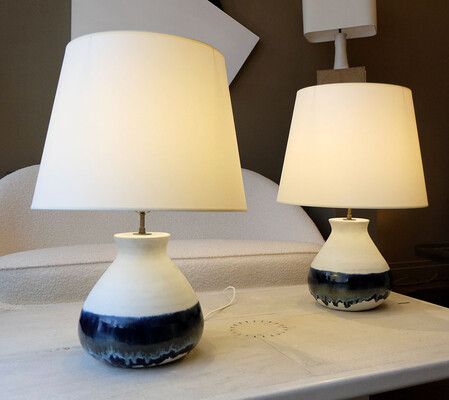 white ceramic table lamps Bruno Gambone pair blue enameled