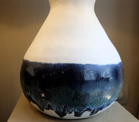 white ceramic table lamps Bruno Gambone pair blue enameled