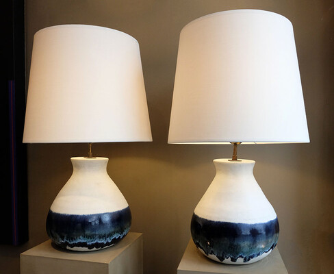 white ceramic table lamps Bruno Gambone pair blue enameled