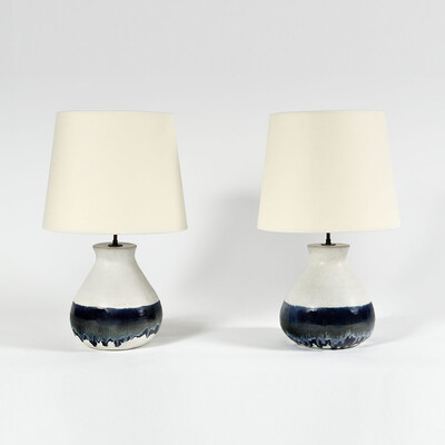 white ceramic table lamps Bruno Gambone pair blue enameled
